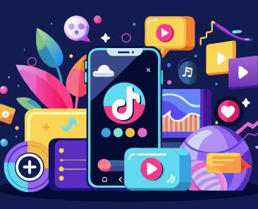 A vibrant smartphone interface reveals social media features with lively graphics and engaging icons, TikTok App, Concept Interface